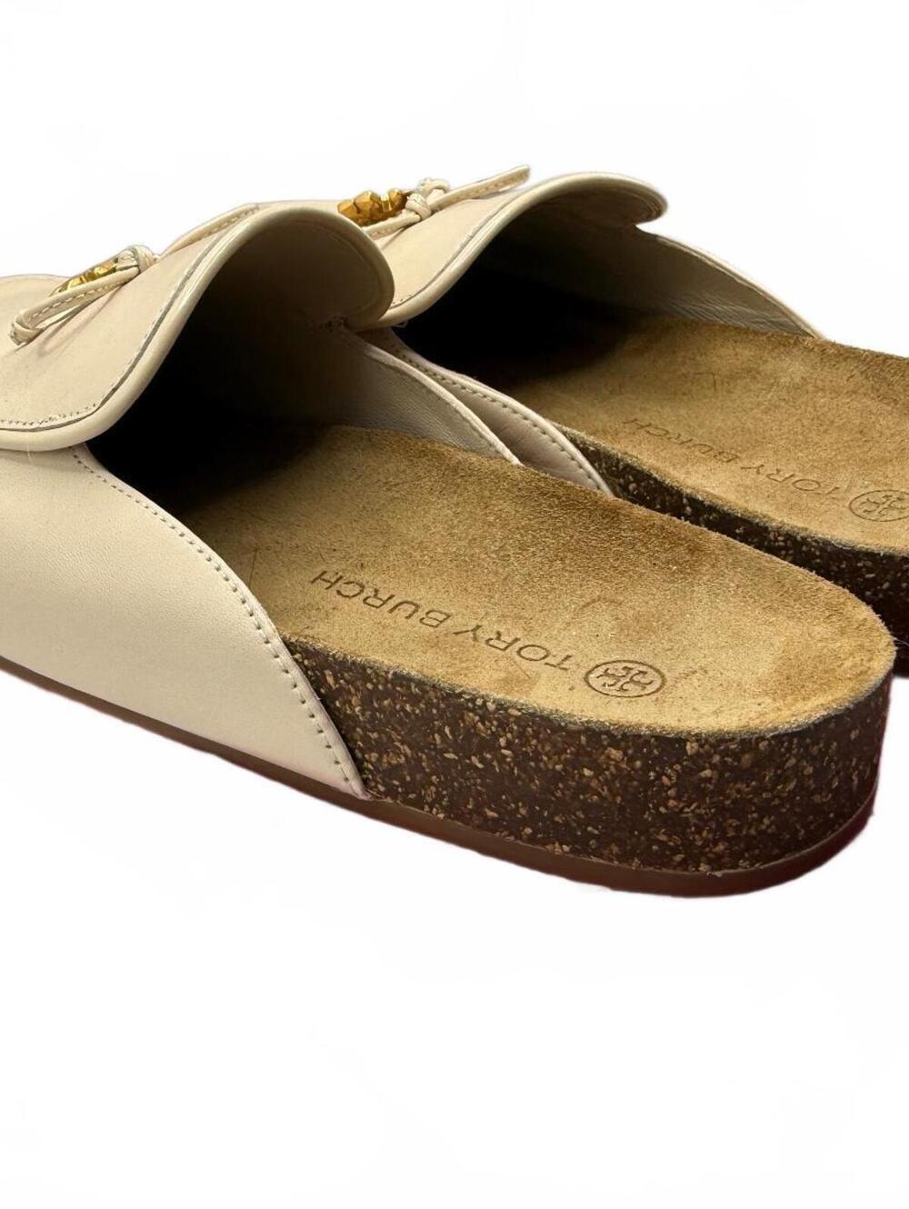 Tory Burch Ivory Leather Slip-On Mules with Gold Bow Accent - Picture 7 of 8